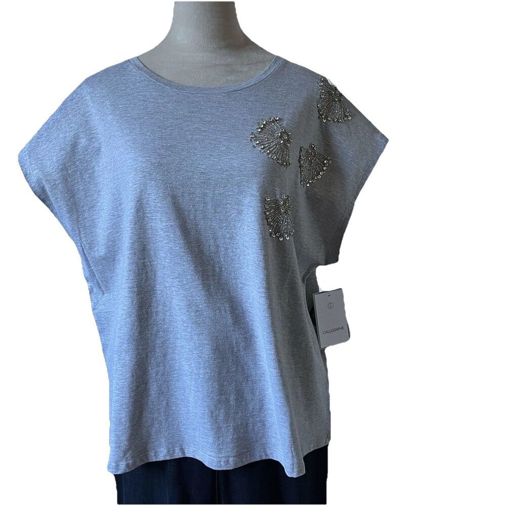 Calligraphie Women's Gray Knit Cap Sleeve Top W/Silver Hand Beaded Detail 2X New